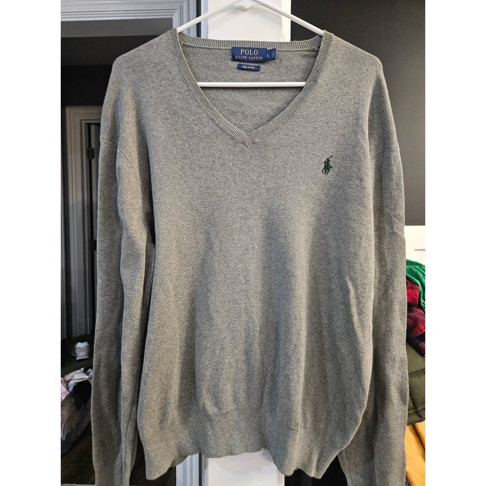 Polo Ralph Lauren luxury Mens Pima Cotton V-Neck Sweater Heather Grey size L